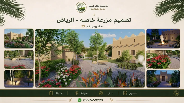 لوحة مشروع تصميم مزرعة خاصة في الرياض، مشروع رقم 37، تعرض مبانٍ بالطراز الطيني وسط أشجار ومسطحات خضراء