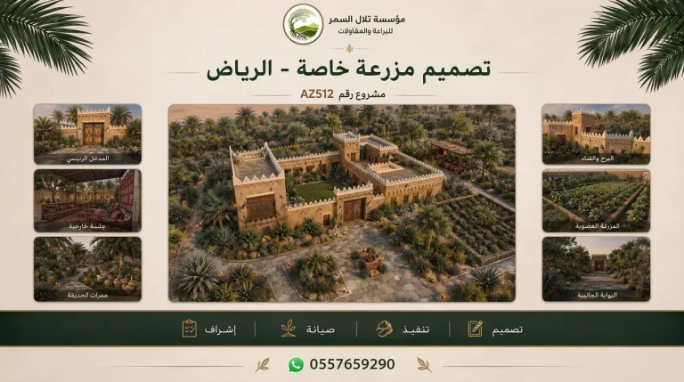 لوحة مشروع تصميم مزرعة خاصة في الرياض تعرض منظوراً جوياً لمبنى بطراز نجدي محاط بالنخيل والمزروعات