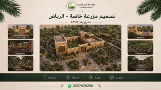 لوحة مشروع تصميم مزرعة خاصة في الرياض تعرض منظوراً جوياً لمبنى بطراز نجدي محاط بالنخيل والمزروعات