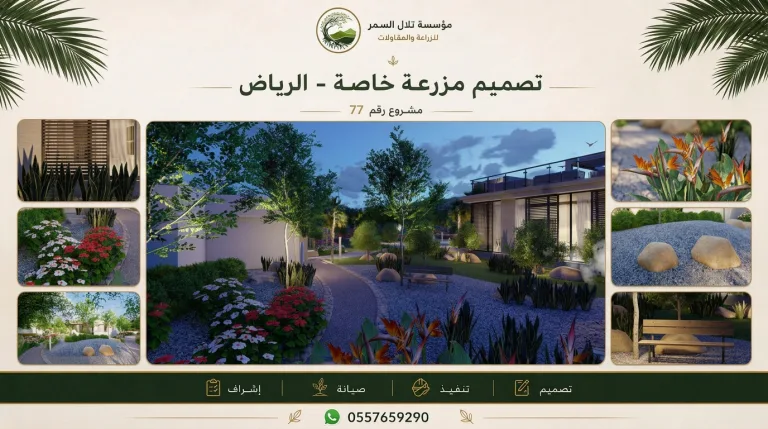 لوحة مشروع تصميم مزرعة خاصة في الرياض، مشروع رقم 77، تعرض حديقة حديثة بجوار مبنى زجاجي مع ممرات ومزروعات مزهرة