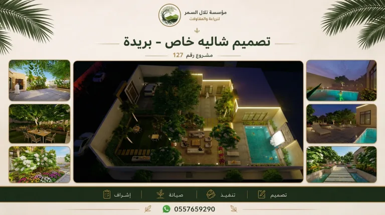 لوحة مشروع تصميم شاليه خاص في بريدة، مشروع رقم 127، تعرض منظوراً جوياً ليلياً لمسبح مضاء ومجالس خارجية